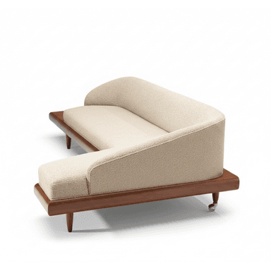 An L-shaped sectional sofa piece featuring a light-colored, textured upholstered seat and a gently curved backrest. It is set upon a dark stained wooden platform base, supported by tapered wooden legs, with some legs equipped with small casters. — 3D model (AI enhanced source)