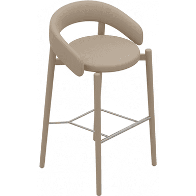 A modern bar stool featuring a round upholstered seat and a continuous, curved upholstered backrest that flows into integrated armrests. The frame consists of four slender, straight legs, likely metal, with a matching beige/taupe finish. A silver-toned metal footrest composed of interconnected bars provides support towards the bottom of the legs. The overall design is sleek and contemporary. — 3D model (AI enhanced source)