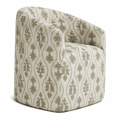 An upholstered barrel-shaped armchair featuring a rounded back and integrated arms, covered in a cream-colored fabric with a repeating taupe botanical/damask pattern. The chair appears to have a hidden swivel base, allowing for rotational movement. — 3D model (AI enhanced source)