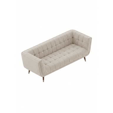 A contemporary sofa featuring a channel-tufted design on the seat and backrest, with a neutral-toned fabric upholstery. It has clean, straight track arms and is supported by four slender, splayed legs with brass caps. The overall aesthetic is minimalist and modern, with a nod to mid-century design. — 3D model (AI enhanced source)