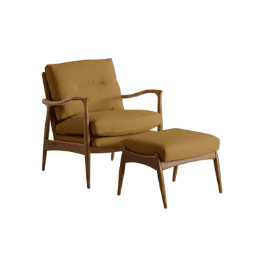A Mid-Century Modern armchair paired with a matching ottoman, both featuring an exposed dark walnut wood frame and mustard-yellow fabric upholstery. The design includes curved armrests with brass detailing and tapered legs with brass caps. — 3D model (AI enhanced source)