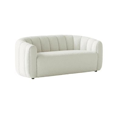 A contemporary loveseat upholstered in textured bouclé fabric, featuring a rounded silhouette with channel tufting on the back and arms. — 3D model (AI enhanced source)