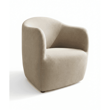A contemporary upholstered armchair featuring a rounded, compact silhouette. The chair is entirely covered in a light beige, textured fabric, possibly boucle or a similar weave. It has a continuous backrest and integrated armrests that curve inward, creating a cocoon-like seating area. The base is subtly recessed, with small, dark glides barely visible beneath the main body. — 3D model (AI enhanced source)