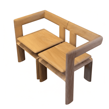 A modern minimalist loveseat constructed entirely from light-colored solid wood. It features a clean, rectilinear frame forming integrated back and armrests, with two individual, slightly curved wooden seat panels. — 3D model (AI enhanced source)