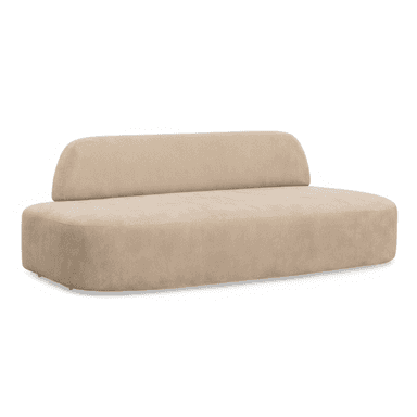 An elongated, contemporary upholstered sofa featuring a distinctive low, curved backrest. The entire piece is covered in a light beige or sand-colored fabric, presenting a soft and monolithic form with rounded edges. — 3D model (AI enhanced source)