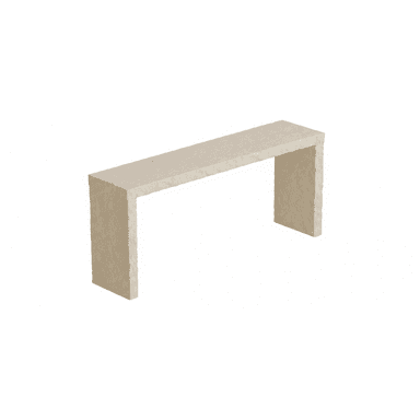 A rectangular console table with a thick, solid top and two substantial legs that appear to be integrated into the tabletop, forming a U-shape. The surface exhibits a textured, natural stone appearance. — 3D model (AI enhanced source)