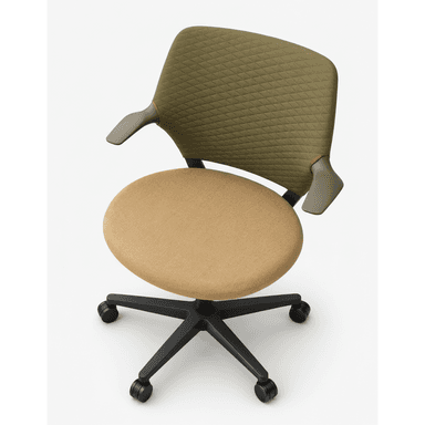 A modern swivel office chair featuring a round, upholstered tan fabric seat and a contoured, quilted olive-green fabric backrest. It includes integrated armrests and rests on a black five-star base with casters for mobility. — 3D model (AI enhanced source)