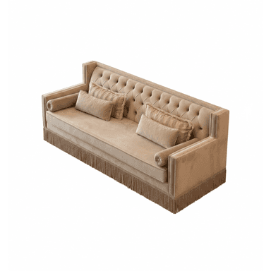 A sophisticated long sofa featuring deep button tufting across its high backrest and inner arm panels. The upholstery is a luxurious champagne beige velvet, complemented by a decorative fringed skirt along the base. The sofa is adorned with three rectangular throw pillows and two bolster pillows, all covered in coordinating or subtly patterned fabric. Its design features straight, high arms that align with the backrest, contributing to its formal and elegant aesthetic. — 3D model (AI enhanced source)