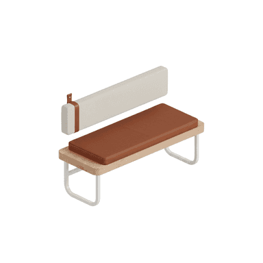 A modern bench featuring a light-toned wooden seat platform, a padded brown leather cushion for the seat, and a separate, rectangular off-white fabric backrest cushion. The backrest is secured to the main structure by two light brown leather straps with metal hardware. The bench is supported by two minimalist U-shaped white metal legs. — 3D model (AI enhanced source)