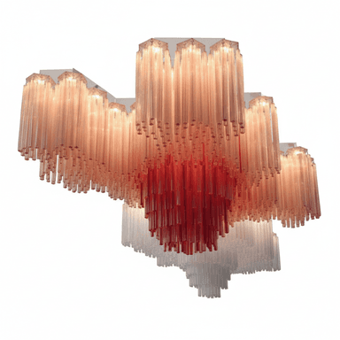 A large, multi-tiered chandelier featuring an ombré color gradient from deep red at the center to clear/light peach at the outer edges, composed of numerous vertical glass tubes. — 3D model (AI enhanced source)