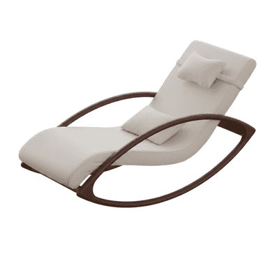 A modern rocking chaise lounge featuring a contoured, padded seat upholstered in a light cream or off-white fabric or faux leather, supported by a distinctive curved dark wood or bentwood frame that functions as both structural support and rocking runners. It includes an integrated, adjustable headrest pillow and an additional lumbar cushion, both matching the main upholstery. — 3D model (AI enhanced source)