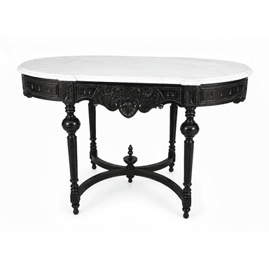 An oval-topped console table with a marble surface and a dark, intricately carved wooden base. The base features four turned legs connected by a decorative stretcher. The apron below the marble top is heavily ornamented with floral motifs and geometric patterns. — 3D model (AI enhanced source)
