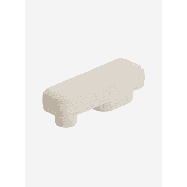 An elongated, rectangular bench featuring soft, rounded edges and a fully upholstered body in a light beige, textured fabric. The bench is supported by two distinct, cylindrical upholstered legs that extend from a recessed base, creating a floating effect for the main seating surface. Its design is minimalist and contemporary. — 3D model (AI enhanced source)