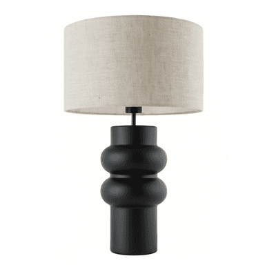A contemporary table lamp featuring a matte black sculptural base composed of stacked, bulbous organic shapes, topped with a cylindrical light beige linen drum shade. The lamp has a minimalist yet distinctive aesthetic. — 3D model (AI enhanced source)