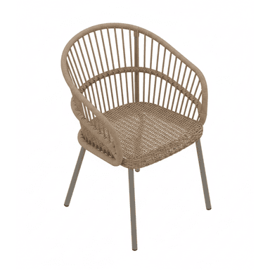 A contemporary dining armchair featuring a tightly woven rope seat and a curved backrest formed by vertical rope-wrapped slats with integrated armrests. It stands on four slender, angled metal legs in a matte finish. The entire chair is rendered in a neutral beige or light brown color. — 3D model (AI enhanced source)