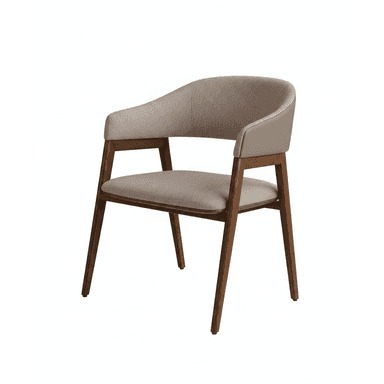 A modern upholstered armchair featuring a solid dark wood frame, a curved backrest with two-tone upholstery (fabric on the inside, smooth material on the outside), and integrated armrests. The chair has a comfortable upholstered seat and tapered legs. — 3D model (AI enhanced source)