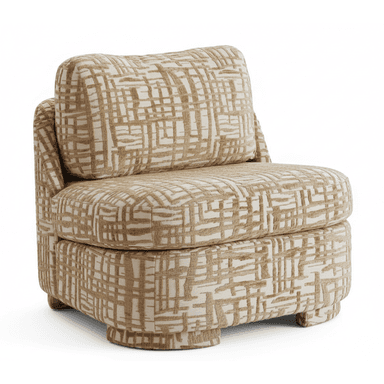 An upholstered slipper accent chair featuring an abstract, geometric pattern in beige and off-white tones. It has a low back, no traditional armrests (a continuous side profile), and a fully upholstered base with integrated, recessed block feet, giving it a modern and compact appearance. — 3D model (AI enhanced source)