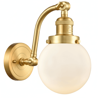 A brass wall lamp with an adjustable arm and a frosted glass globe shade. The lamp features a circular wall mount and a gooseneck-style arm that connects to the lamp holder. The lamp holder has a knurled texture and is designed to hold a single bulb. The globe shade is spherical and made of opaque glass, emitting a diffused light. — 3D model (AI enhanced source)