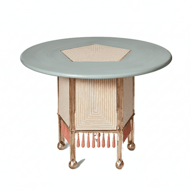 A decorative round accent table featuring a pale blue-green top with a central pentagonal geometric inlay. The base is pentagonal, constructed with a cream-colored material featuring intricate geometric patterns, framed by a gold-toned metallic structure. A fringe of coral pink tassels hangs from the lower edge of the base. The table stands on four short, ornate gold-toned metallic legs with ball feet. — 3D model (AI enhanced source)