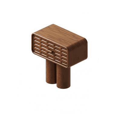 A modern wooden nightstand featuring a rectangular body with rounded corners and a slatted front panel, suggesting drawer or door access. It stands on two thick cylindrical legs. The wood exhibits a warm, medium-brown grain. — 3D model (AI enhanced source)