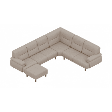 A large L-shaped modular sectional sofa in a light beige fabric, featuring plush upholstered cushions and backrests with horizontal stitch detailing. The sofa is composed of multiple individual units, including a corner piece, armless sections, and an end piece with an armrest. It is supported by short, tapered wooden legs. An accompanying rectangular ottoman matches the sofa's upholstery and leg design. — 3D model (AI enhanced source)