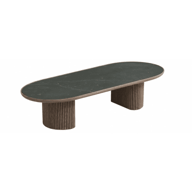 An elegant contemporary coffee table featuring an elongated oval dark green marble top with subtle white veining. The tabletop rests on two robust cylindrical pedestal bases, each finished with a distinct reeded or fluted texture in a warm brown wood tone. The overall design suggests a modern, sophisticated aesthetic. — 3D model (AI enhanced source)