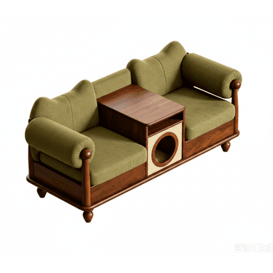 A contemporary two-seater sofa featuring a dark polished wood frame and olive green fabric upholstery. It incorporates a central integrated unit that serves as a side table with a flat wooden top and a pet den below, characterized by a circular opening and an interior lined with woven rattan. The sofa is designed with distinctive, undulating back cushions and cylindrical bolster armrests, all supported by four elegantly turned wooden legs. — 3D model (AI enhanced source)