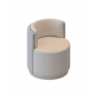 A contemporary fully upholstered barrel-back accent chair with a circular profile, featuring a slightly textured light gray fabric on the exterior and a smoother light beige fabric on the inner back and seat. The chair has a recessed circular base. — 3D model (AI enhanced source)
