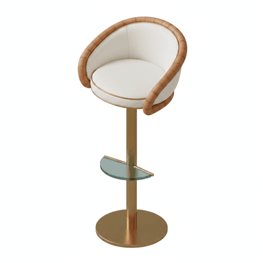 A modern bar stool featuring a barrel-style seat upholstered in white faux leather with a tan leatherette trim. It has a gold-finished metal pedestal base with a circular disc base and an integrated semi-circular glass footrest. The seat appears to be padded and includes gold piping detail. — 3D model (AI enhanced source)