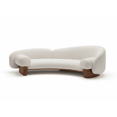 A modern, curved sofa featuring cream-colored bouclé upholstery and a distinctive, sculptural dark wood base. The design emphasizes organic forms with rounded edges and integrated arms. — 3D model (AI enhanced source)