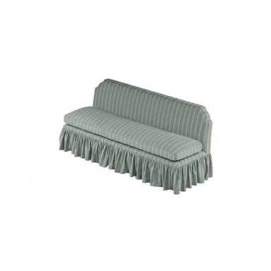 An upholstered dining bench with a high backrest and a full, pleated skirted base, featuring a light sage green fabric with white pinstripes. — 3D model (AI enhanced source)