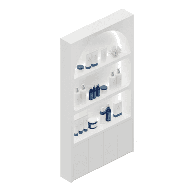 A tall, rectangular display cabinet with a minimalist white finish. The upper section features three open shelves with distinct arched back panels and integrated LED lighting, showcasing various cosmetic products and a decorative coral piece. The lower section consists of multiple handleless cabinet doors, providing concealed storage. — 3D model (AI enhanced source)