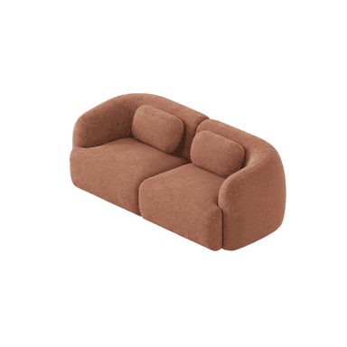 A modern, two-seater loveseat with a modular design, upholstered in a rust-colored woven fabric. It features soft, rounded contours, integrated arms and back, and two loose cylindrical back cushions. — 3D model (AI enhanced source)