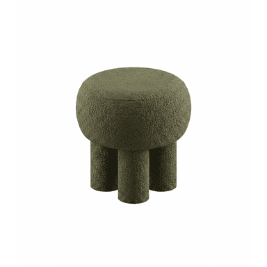 A compact, modern pedestal stool fully upholstered in a textured olive green bouclé fabric. It features a rounded, spherical top supported by three robust, cylindrical legs that blend seamlessly into the seat structure, creating a monolithic and sculptural form. — 3D model (AI enhanced source)