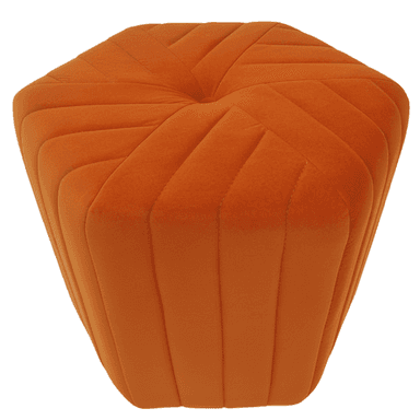 An orange hexagonal ottoman, upholstered in velvet-like fabric with a geometric channel tufting pattern. The top surface features a central button tuft, and the sides taper slightly towards the base. The overall appearance is plush and contemporary. — 3D model (AI enhanced source)