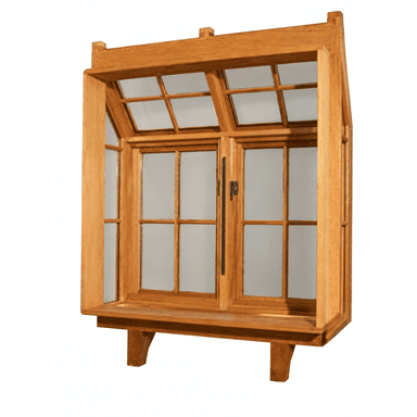 A wooden display cabinet featuring an angled, multi-paneled top section and a double-door lower section with glass panes and dark metal handles. It has a projecting shelf at the base, supported by two corbels. — 3D model (AI enhanced source)