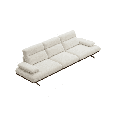A modern, sectional sofa with a cream-colored textured fabric upholstery. It features a low profile base, distinct seat and back cushions with channel tufting, and integrated armrests. The sofa is supported by a dark wood frame and thin, black metal legs. — 3D model (AI enhanced source)