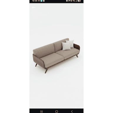 A two-seater sofa featuring a distinctive exposed wooden frame, upholstered in a neutral fabric, and accompanied by two decorative throw pillows. — 3D model (AI enhanced source)