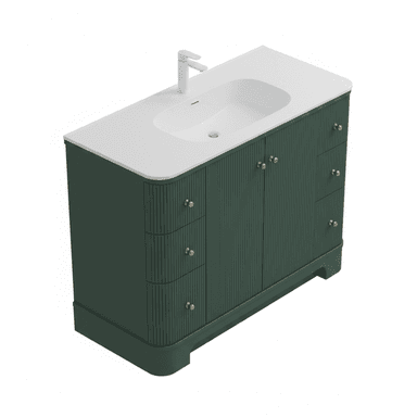 A modern dark green bathroom vanity featuring a fluted cabinet design, an integrated white ceramic sink, and brass-finished hardware. It includes both cabinet storage and drawers, sitting on a solid base. — 3D model (AI enhanced source)