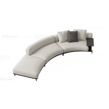 A modern, modular curved sectional sofa upholstered in light off-white fabric. The sofa features a sweeping curved form, composed of multiple sections including a chaise lounge element at one end. It is supported by a slender, minimalist black metal frame that extends to small, discreet legs. An integrated dark-colored side table or console is positioned at the opposite end of the sofa, providing a functional surface. The seating is complemented by loose back cushions in matching off-white, along with a contrasting dark grey throw pillow. — 3D model (AI enhanced source)