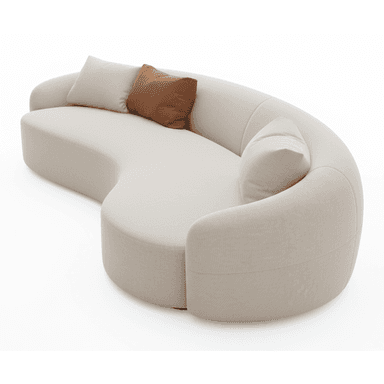 An S-shaped, curvilinear sofa upholstered in a light beige fabric, featuring soft, rounded edges and an integrated backrest/armrest design. It comes with two accent cushions, one light beige and one brown, complementing its neutral color palette. — 3D model (AI enhanced source)