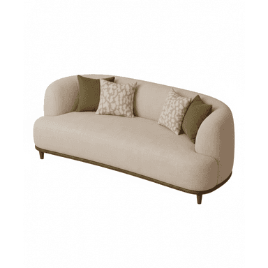 A contemporary curved sofa upholstered in light beige fabric, featuring a continuous rounded backrest and arms. The sofa sits on a recessed dark wood plinth base with short, tapered wooden legs. It is accessorized with four decorative pillows, two solid olive green and two with a patterned beige and cream design. — 3D model (AI enhanced source)