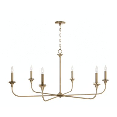 This is a modern six-light chandelier featuring a brushed brass finish. It has a central vertical stem with a chain suspension leading to a round ceiling canopy. Six slender, curved arms extend horizontally from the central body, each terminating in an upright, candelabra-style bulb holder with a small, cupped bobeche. The exposed bulbs are in a flame-tip or torpedo shape, typical of candelabra lights. — 3D model (AI enhanced source)