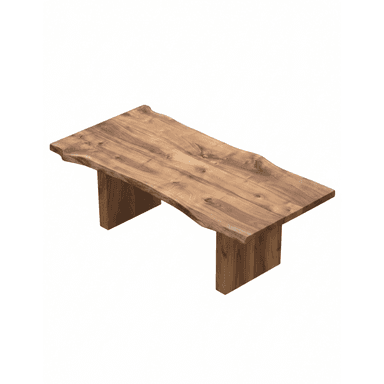 A live-edge coffee table with a thick, solid wood slab top and two rectangular pedestal legs. The wood exhibits a natural grain pattern with variations in color. — 3D model (AI enhanced source)