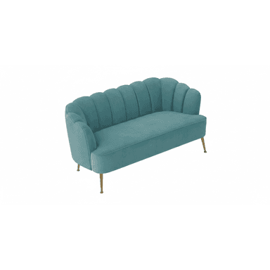 A stylish two-seater loveseat featuring a distinctive scalloped, shell-like backrest upholstered in a luxurious teal velvet fabric, supported by slender, gold-finished metal legs. — 3D model (AI enhanced source)