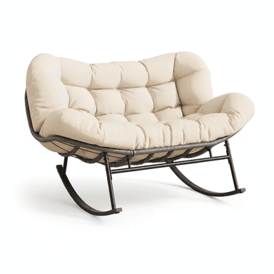 A wide, contemporary rocking chair designed for two people, featuring a dark brown woven synthetic rattan frame and generously padded, tufted cream-colored cushions, all resting on a sturdy black metal rocking base. — 3D model (AI enhanced source)