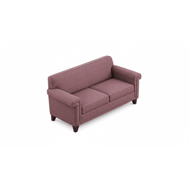 A two-seater sofa featuring a dusty rose-colored woven fabric upholstery. It has classic rolled arms, two individual seat cushions, and two back cushions, all upholstered in the same fabric. The sofa stands on four short, tapered dark brown wooden legs, providing a slightly elevated base. The overall design suggests a comfortable and traditional aesthetic. — 3D model (AI enhanced source)