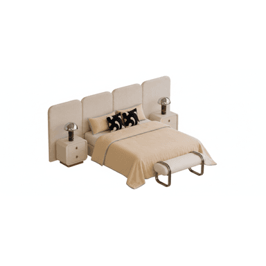 A complete contemporary bedroom set featuring a platform bed, a wide upholstered panel headboard, two integrated bedside tables, two table lamps, and a matching upholstered bench. The set is primarily beige/cream with metallic accents. — 3D model (AI enhanced source)