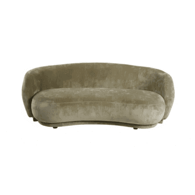 A contemporary curved loveseat upholstered in a textured pale olive green velvet, featuring a low, rounded back and integrated armrests, embodying a plush and seamless modern aesthetic. — 3D model (AI enhanced source)
