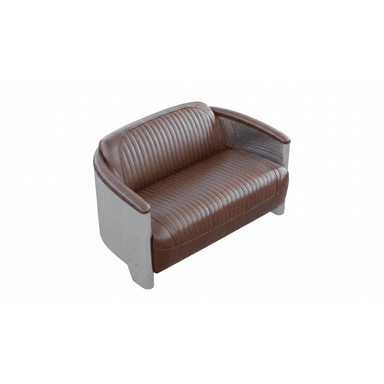 A two-seater sofa with a distinct aviator-inspired design. The seating and backrest are upholstered in brown, tufted leather, featuring vertical channel stitching. The arms and the outer sides of the sofa are clad in brushed aluminum panels, riveted along the edges, resembling aircraft fuselage construction. The sofa has a slightly curved silhouette and sits on low-profile, angled metal legs. — 3D model (AI enhanced source)